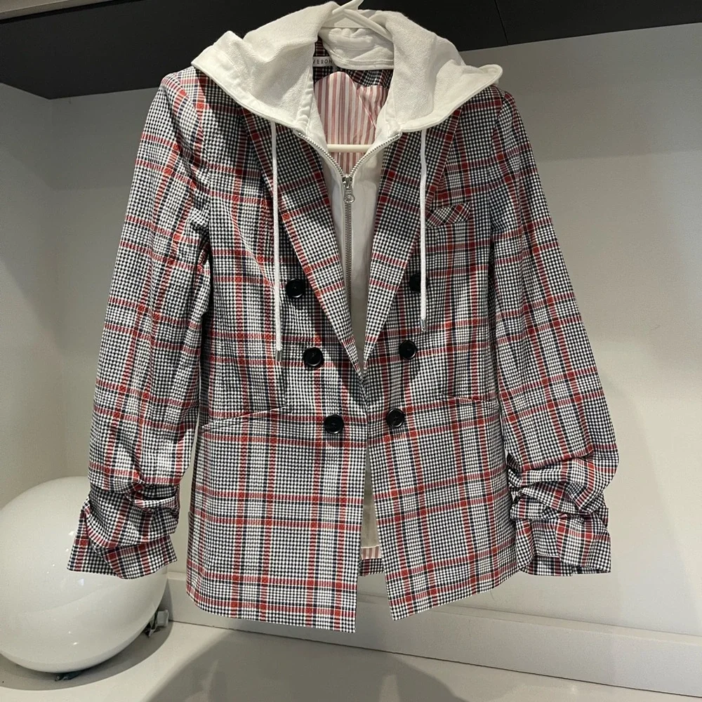 $650 Veronica Beard Plaid Caldwell Dickey Blazer Red Gray Navy Jacket Cotton 8 - Picture 10 of 14